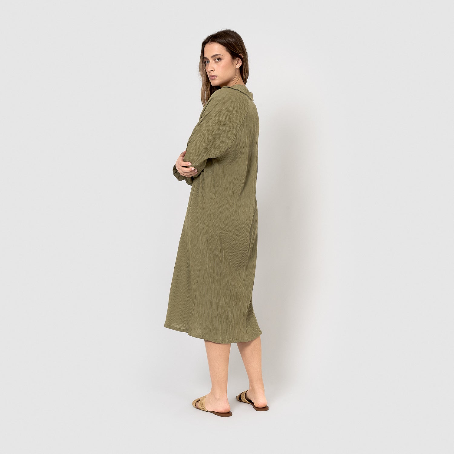 robe midi en coton et lin vert chasse