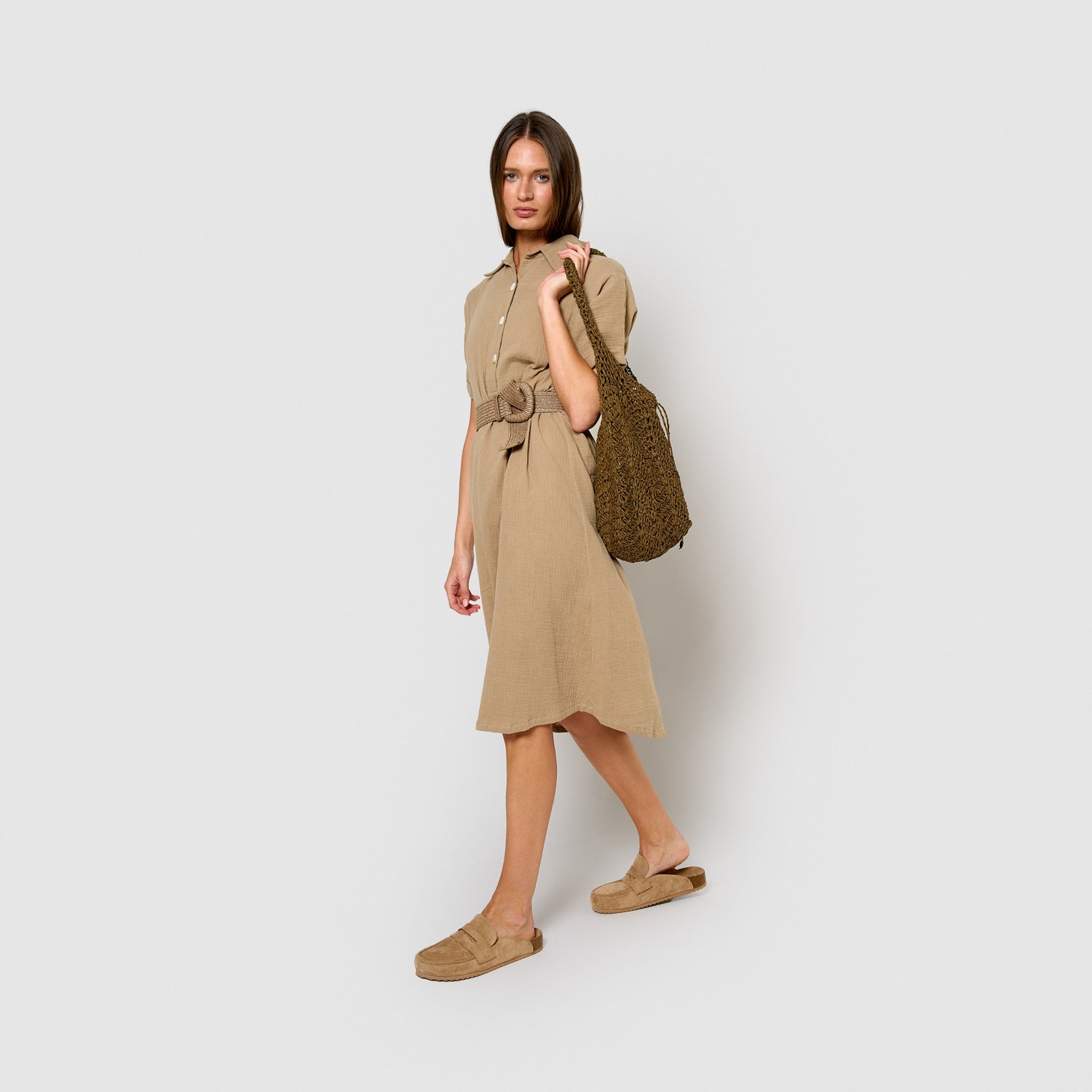 muslin midi dress flowy muslin midi dress with drawstring sleeves – Tramas+