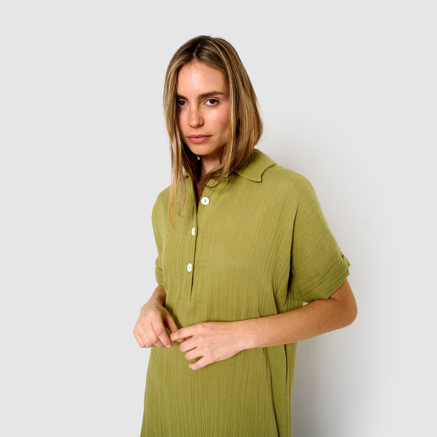 Lemon muslin midi dress with flowing sleeves
