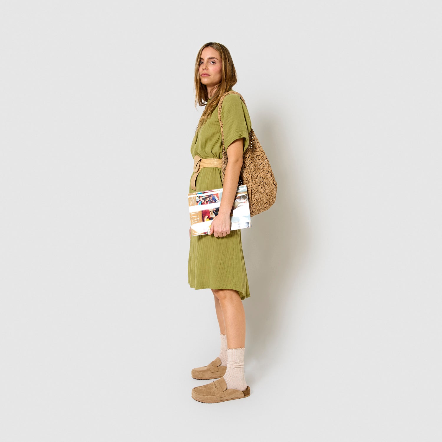 Lemon muslin midi dress with flowing sleeves