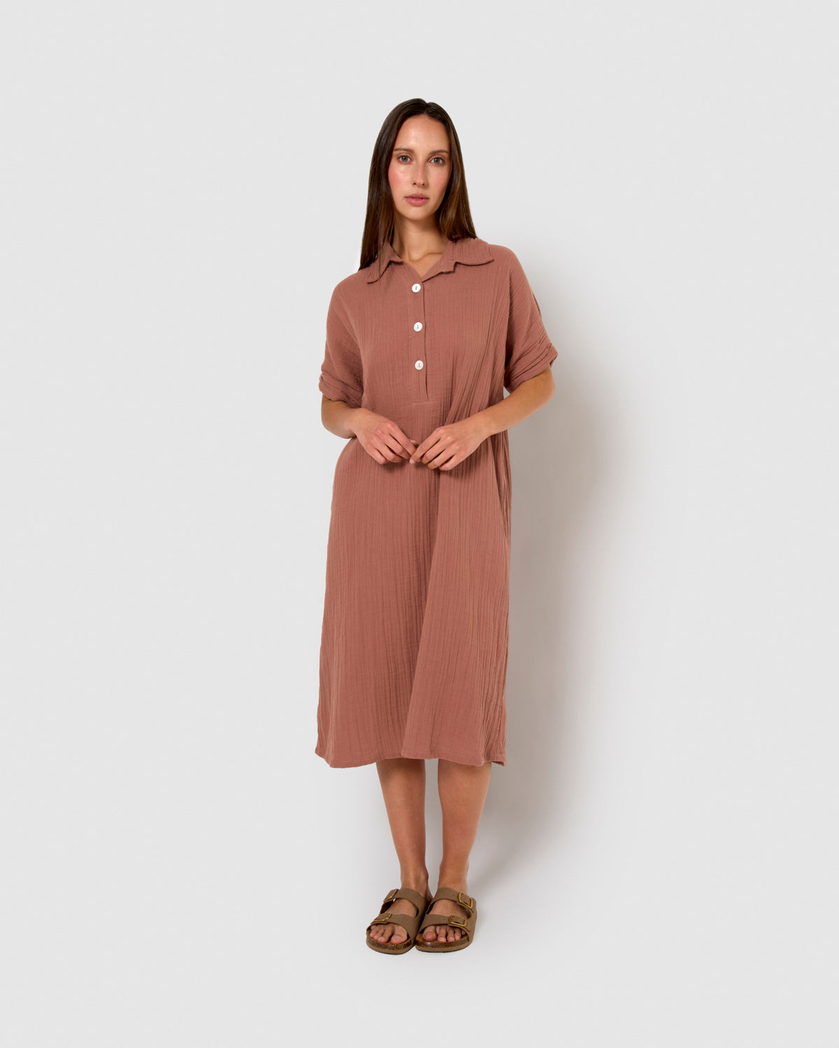 Abito midi in mussola con maniche fluide e rosette