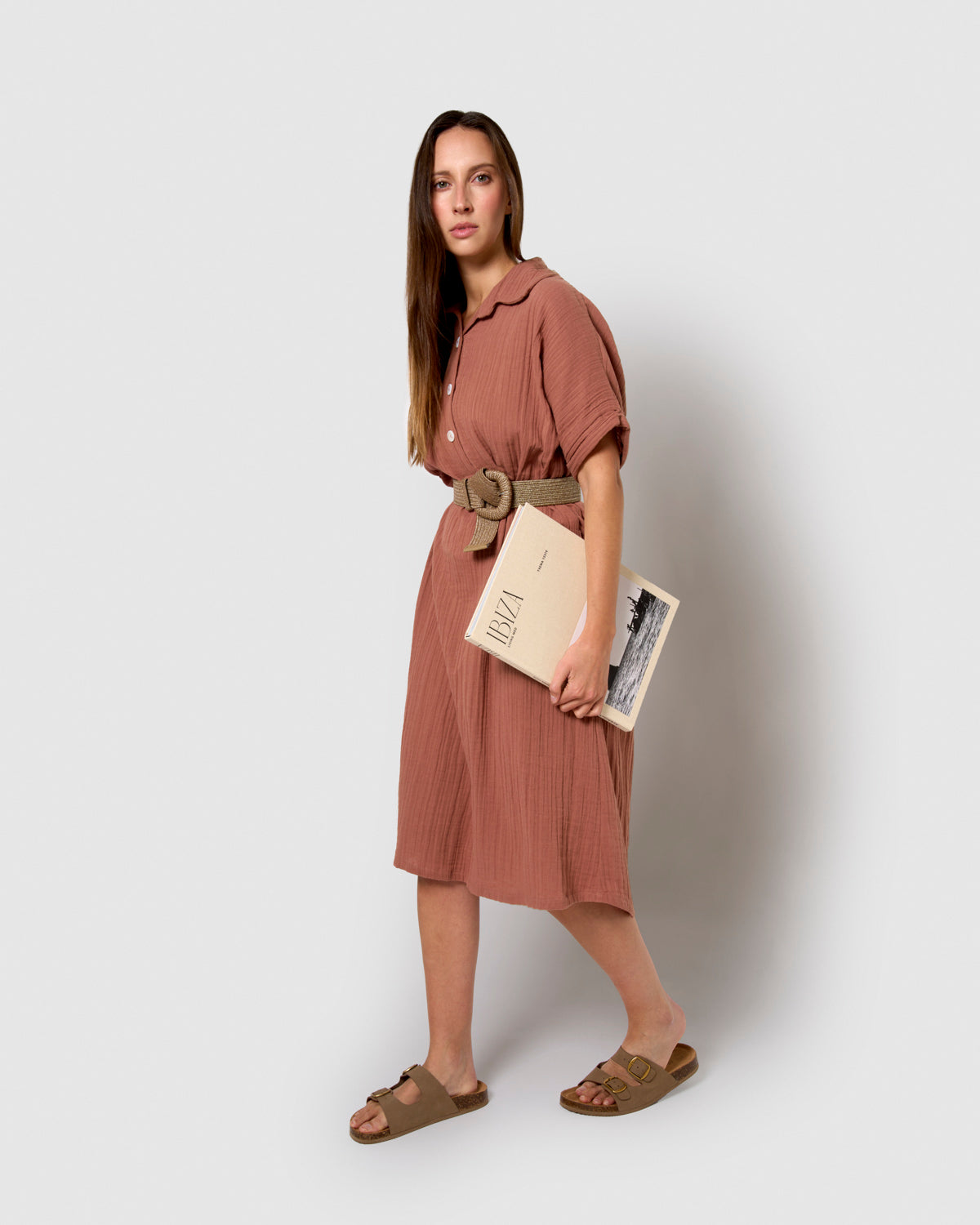 Abito midi in mussola con maniche fluide e rosette