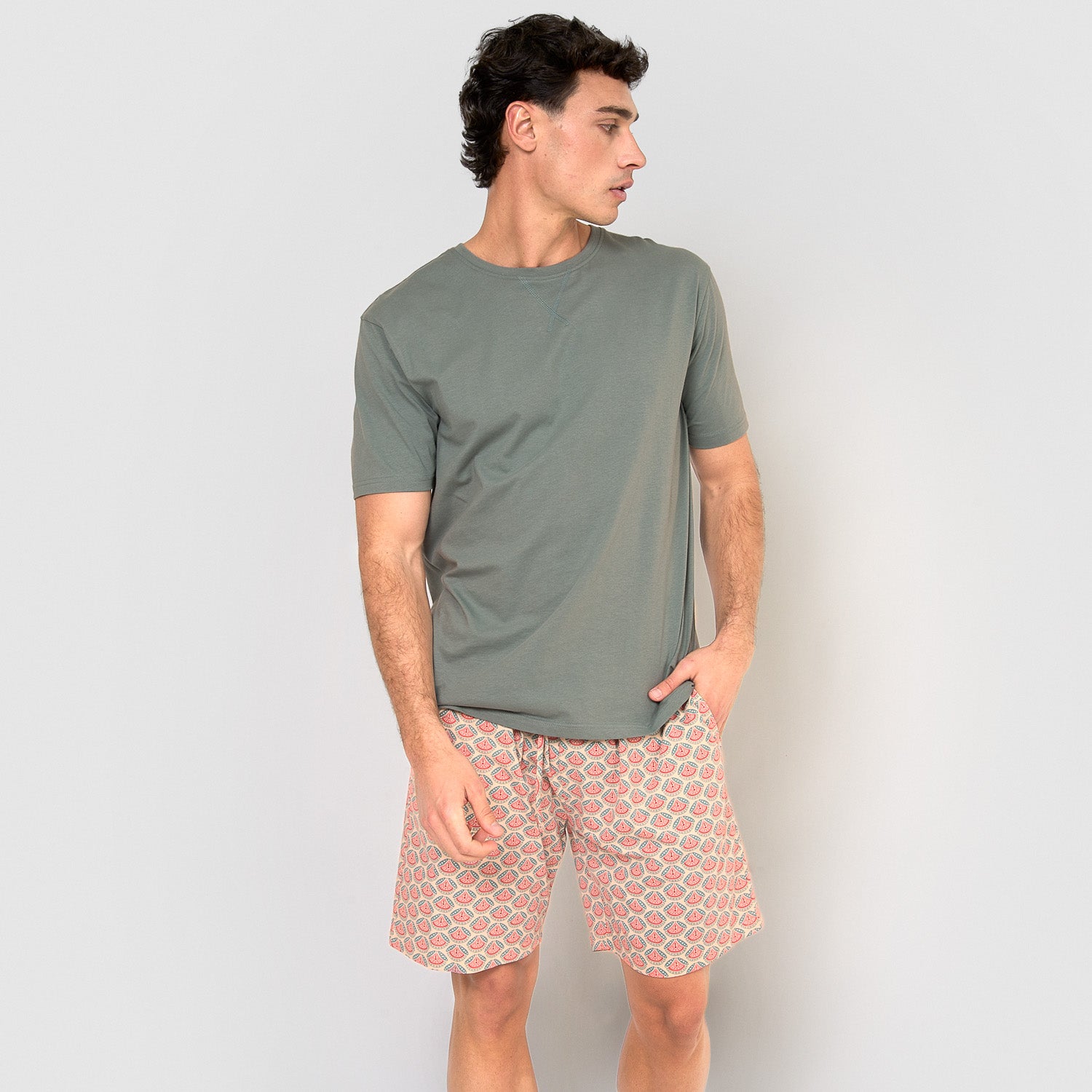 Pijama curto de algodão, marrom-avermelhado azul-turquesa