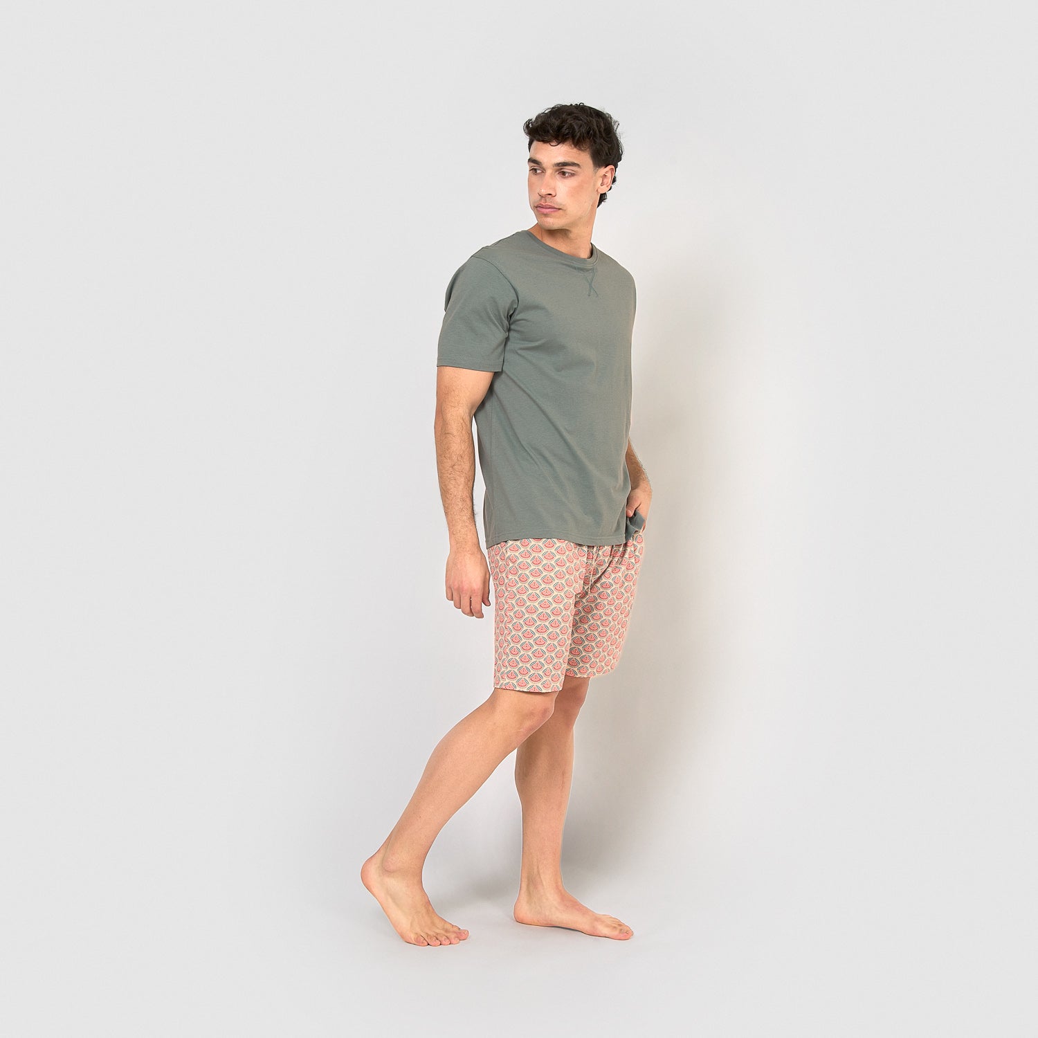 Pijama curto de algodão, marrom-avermelhado azul-turquesa