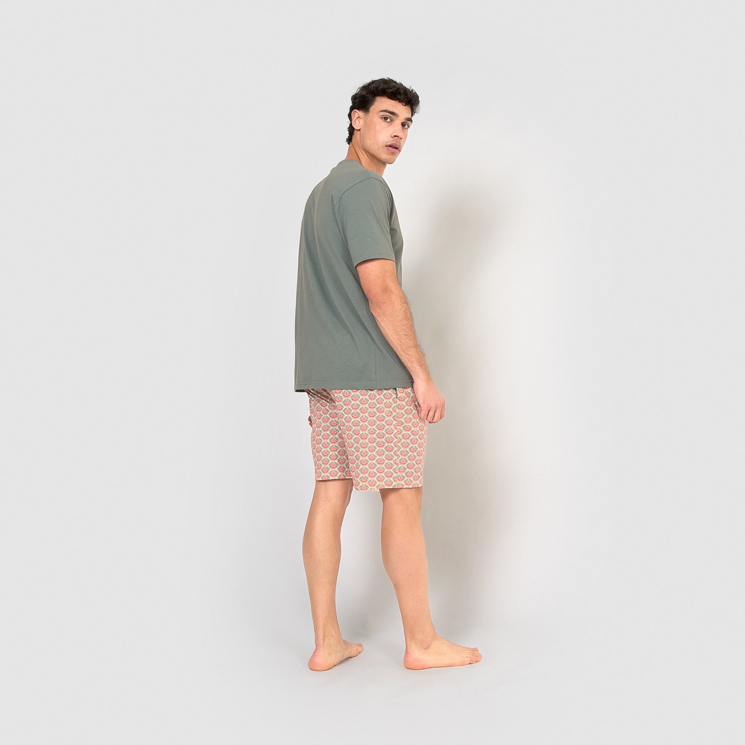 Pijama curto de algodão, marrom-avermelhado azul-turquesa