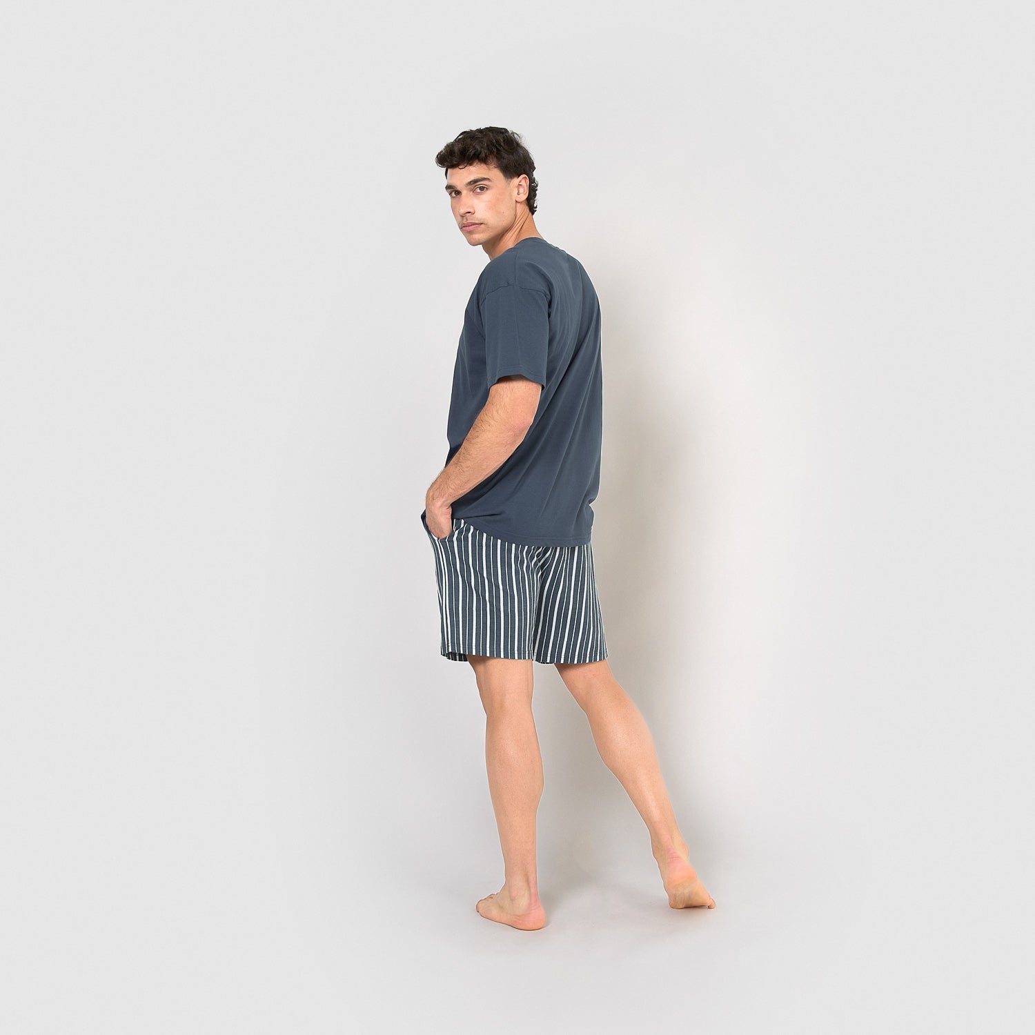 pijama curto de algodão azul marinho