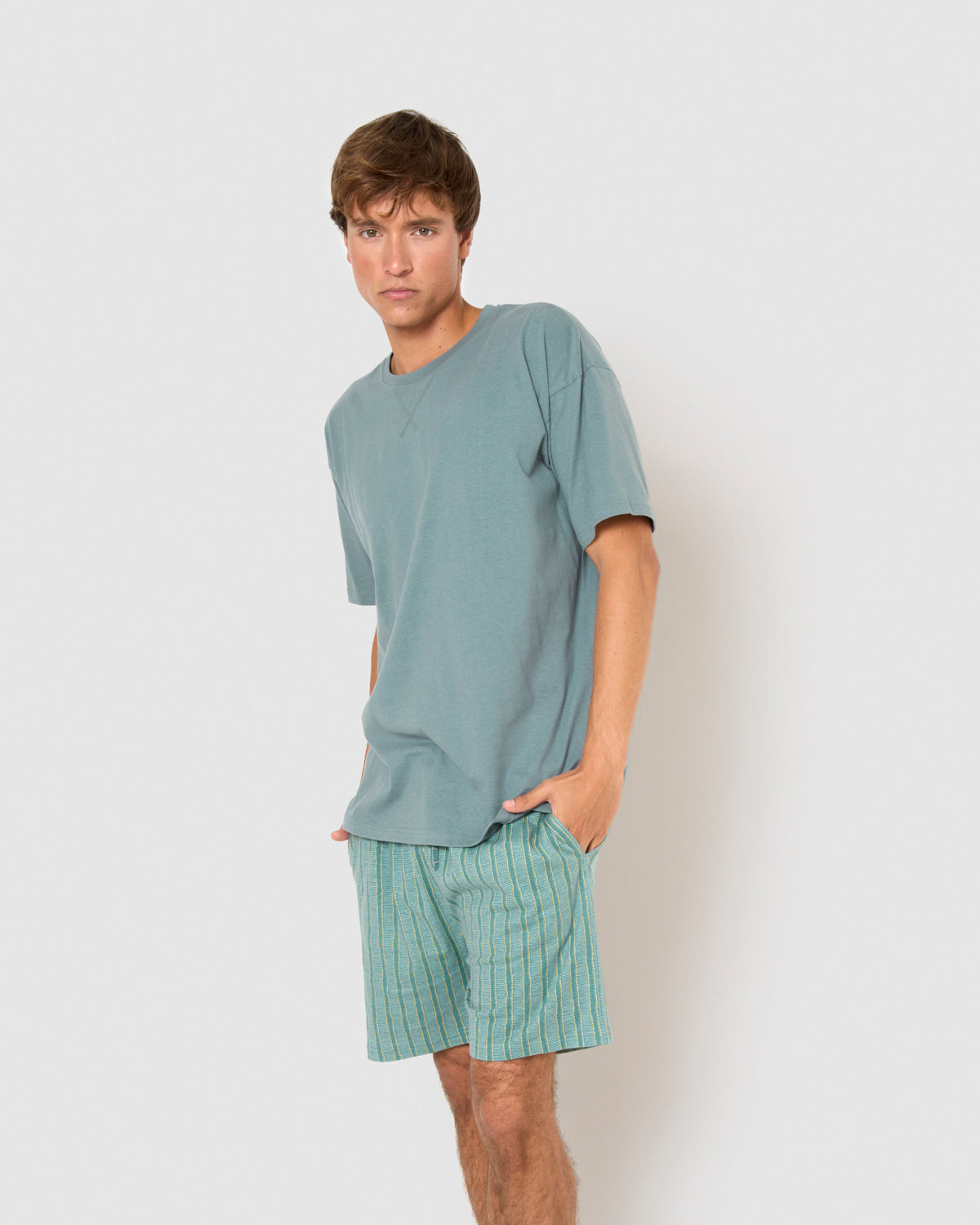 Pijama corto algodón raya ran verde azulado