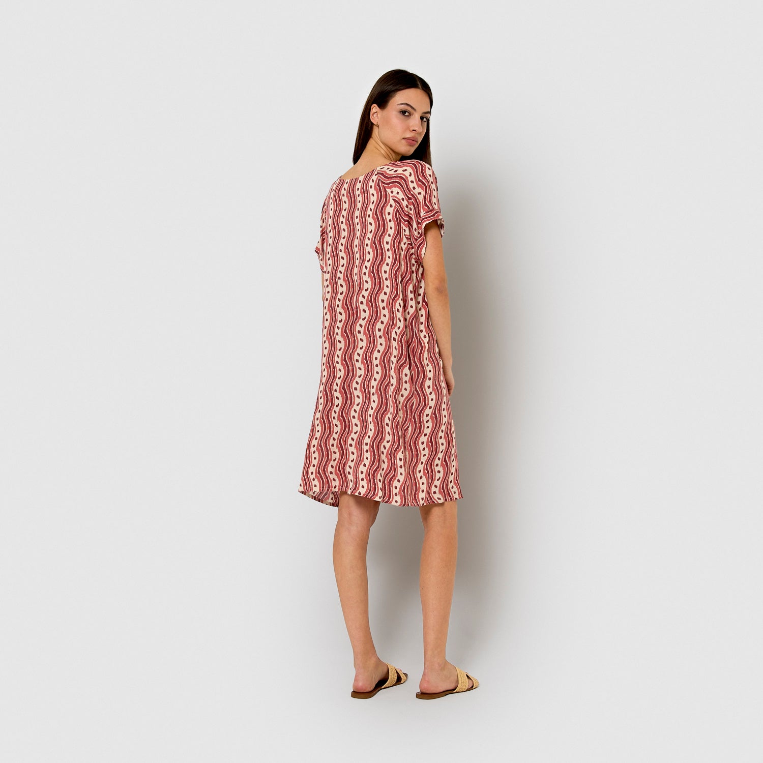 Short viscose chambray dress, begonia burgundy