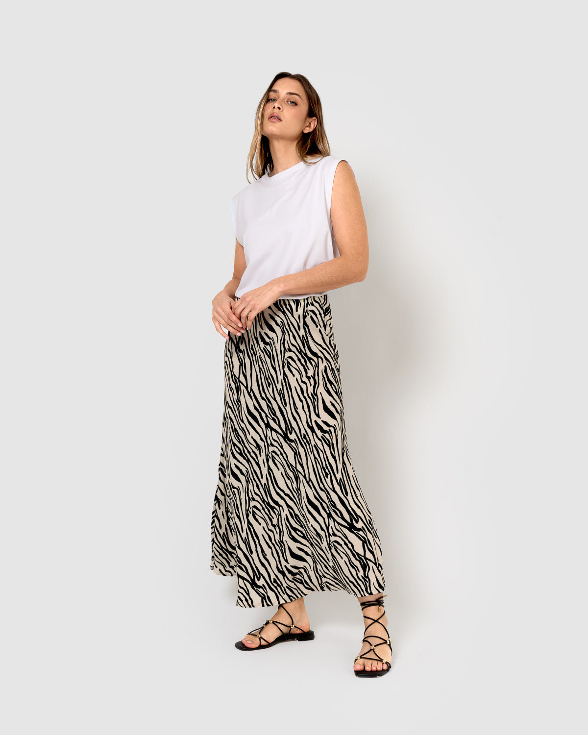 Jupe mi-journée en viscose Yves beige/noir