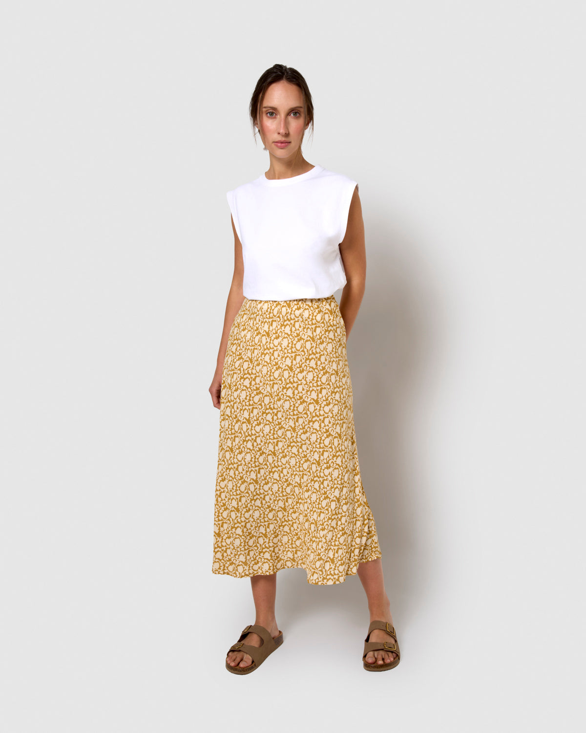 Falda midi viscosa bambula telma ocre