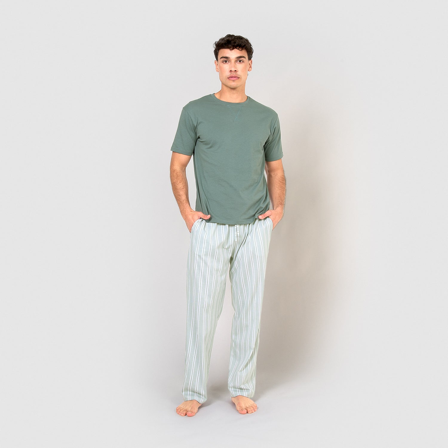 Pijama largo de algodón manga corta raya hamon agua marina