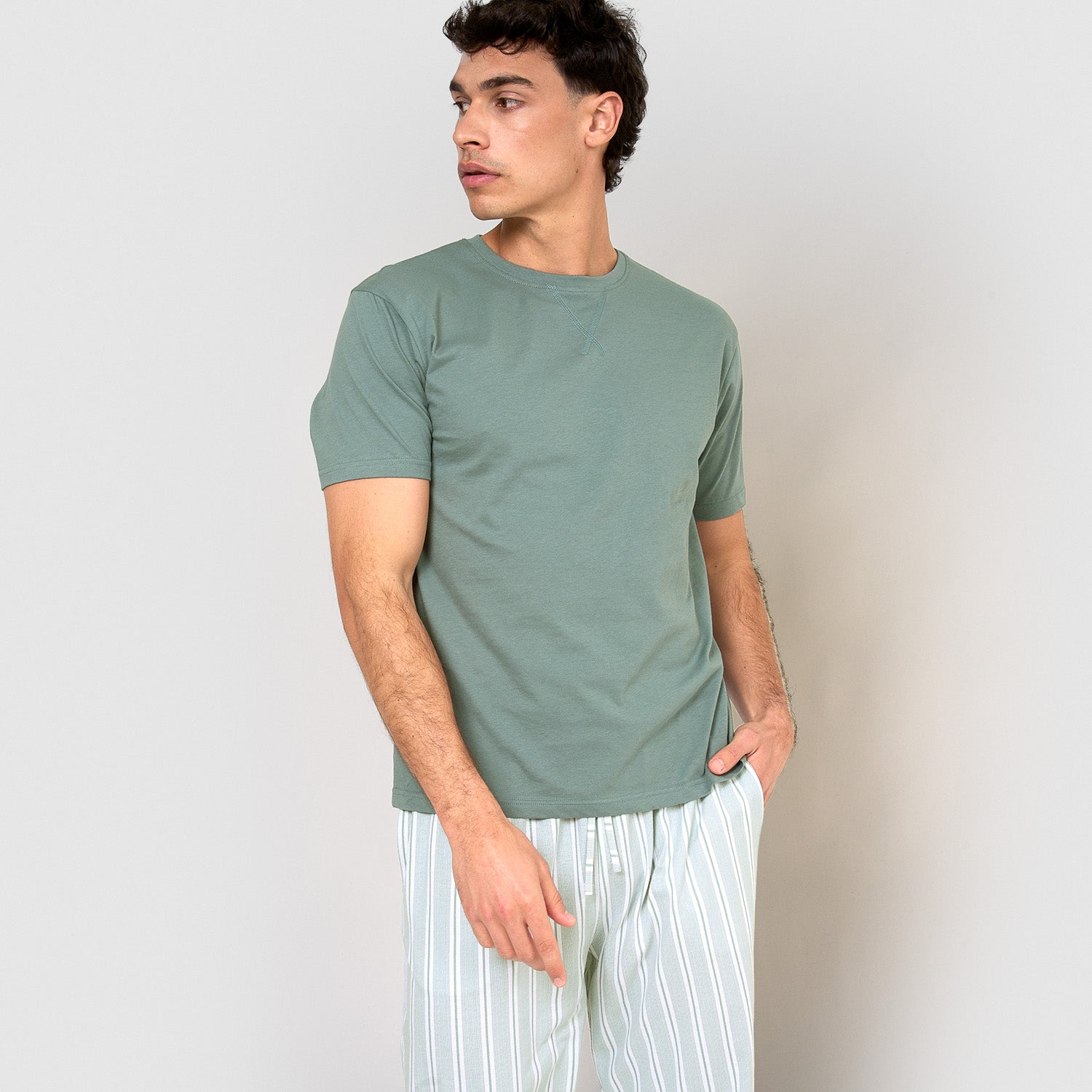 Pijama largo de algodón manga corta raya hamon agua marina