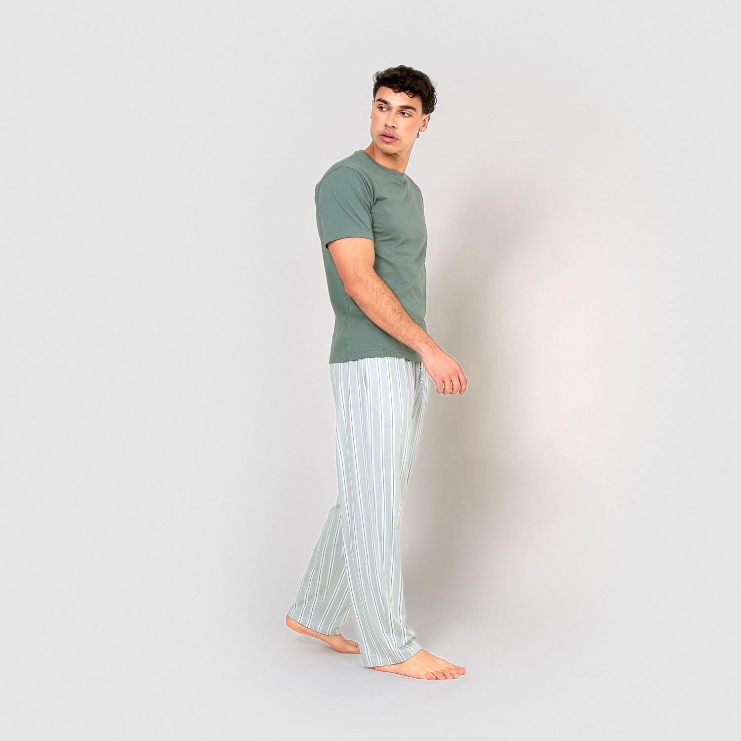 Pijama largo de algodón manga corta raya hamon agua marina