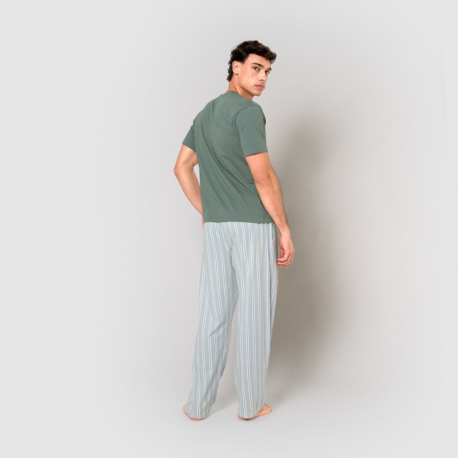 Pijama largo de algodón manga corta raya hamon agua marina