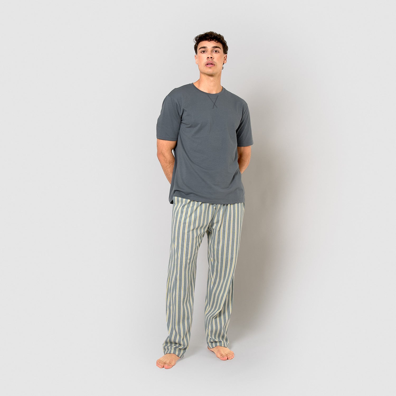 Pijama largo de algodón manga corta raya schon azul grisáceo