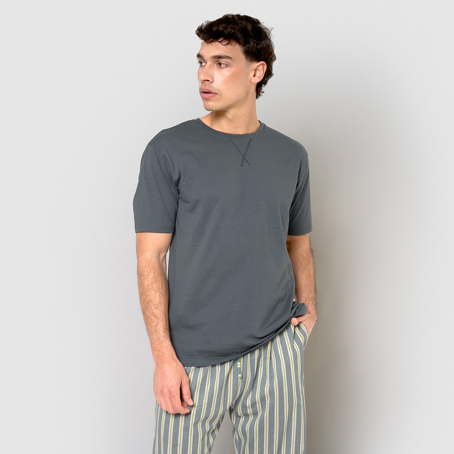 Pijama largo de algodón manga corta raya schon azul grisáceo