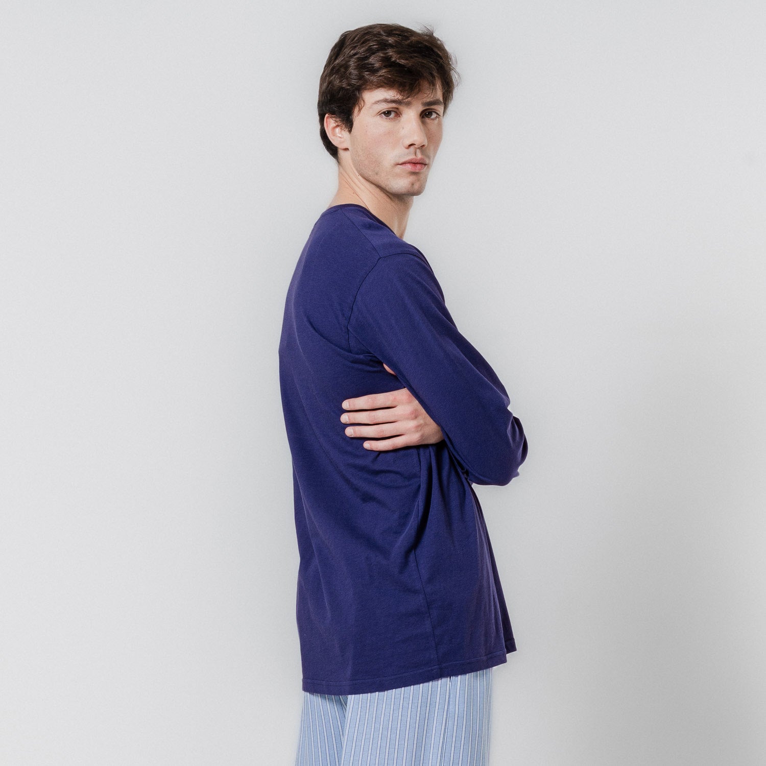 Pijama largo algodón raya cloc azul marino