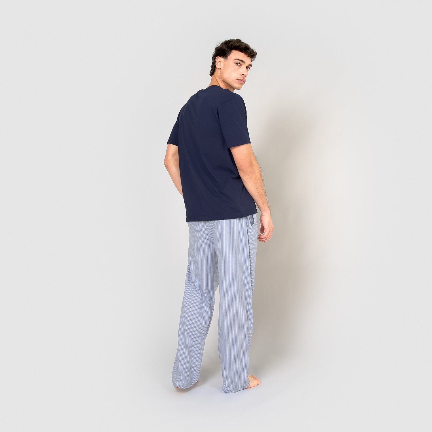 Pijama largo manga corta de algodón raya cloc azul marino