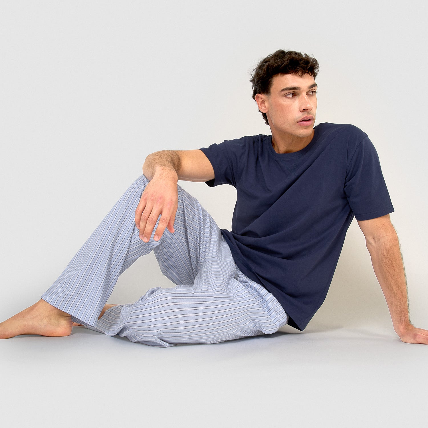 Pijama largo manga corta de algodón raya cloc azul marino