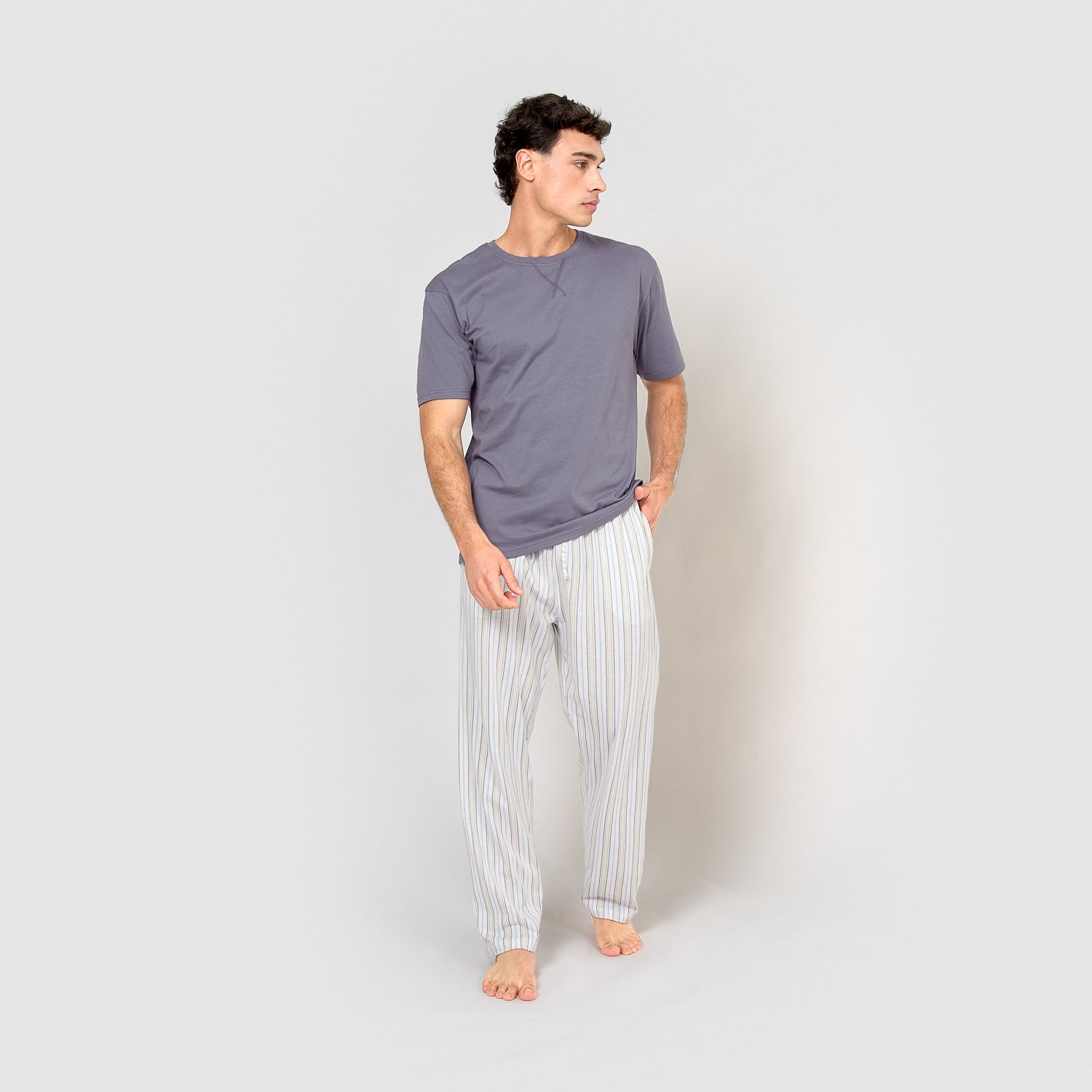 Pijama largo de algodón manga corta raya bill índigo