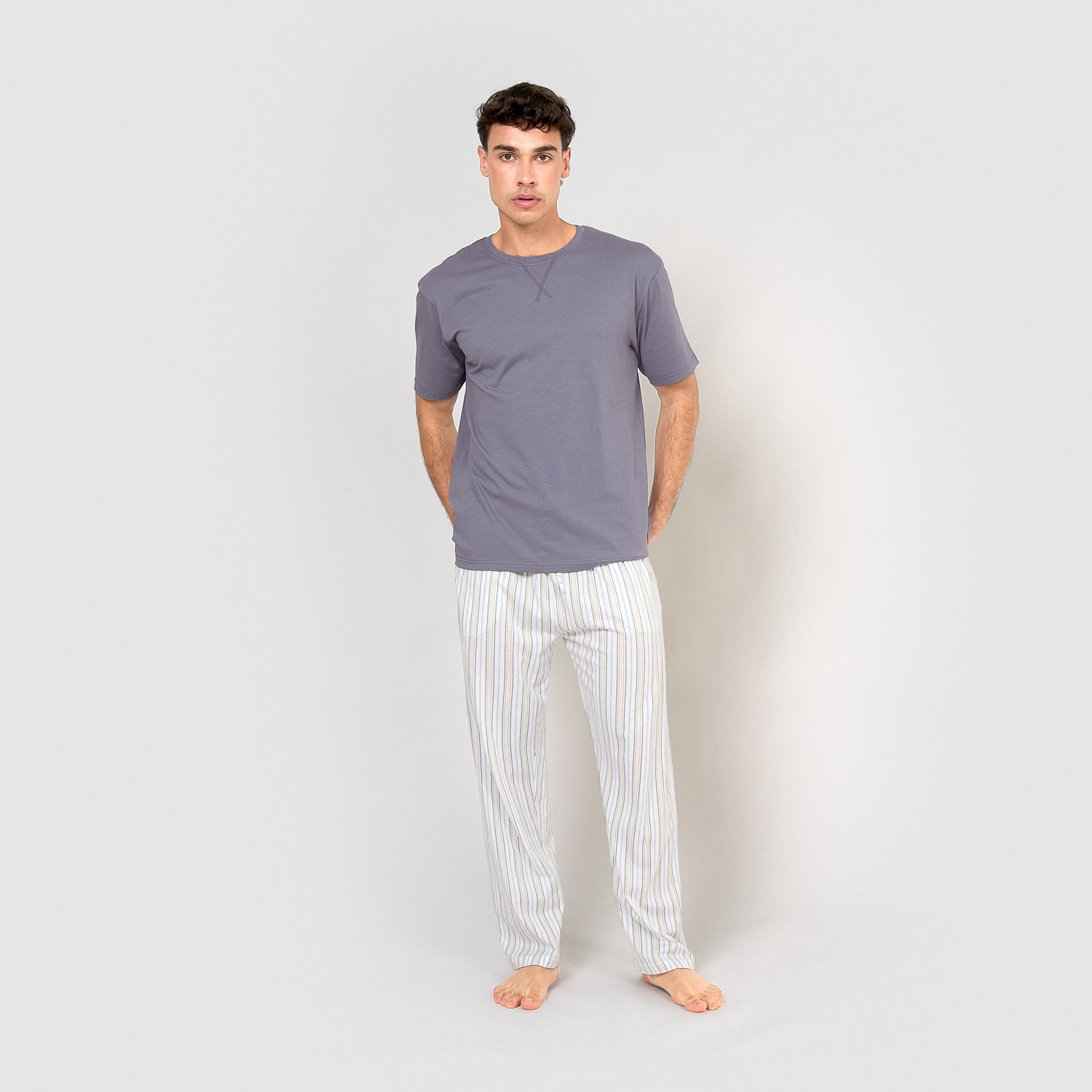 Pijama largo de algodón manga corta raya bill índigo