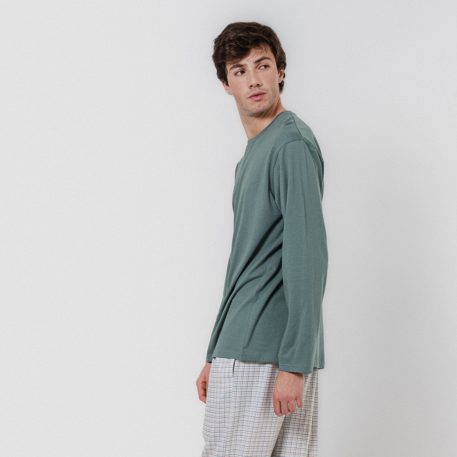 Pijama largo algodón cuadro bali agua marina