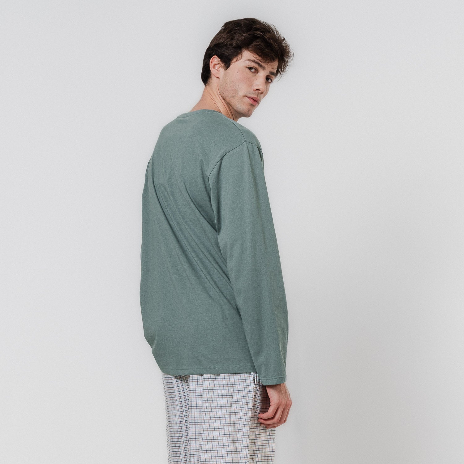 Pijama largo algodón cuadro bali agua marina