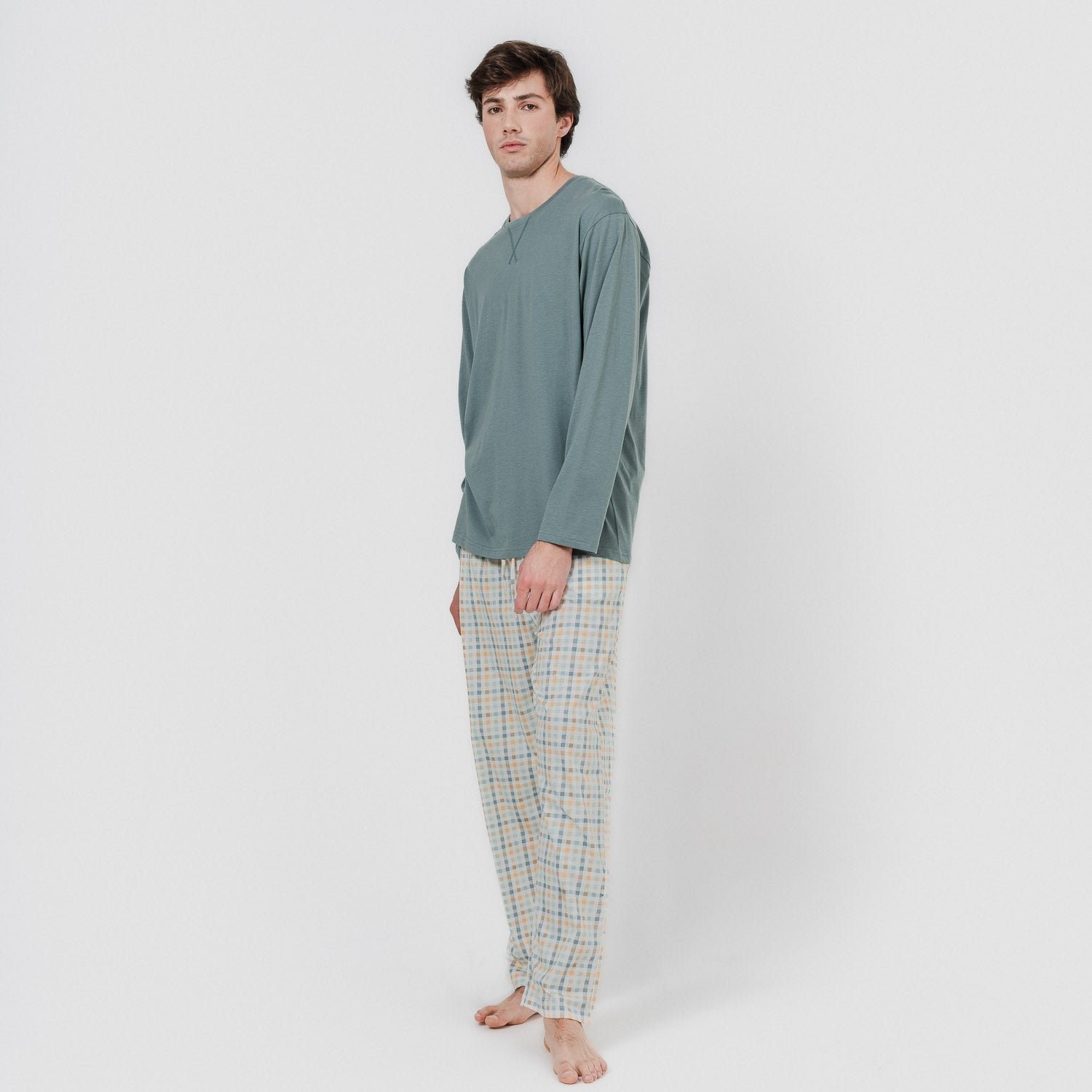 Pijama largo algodón cuadro índigo verde