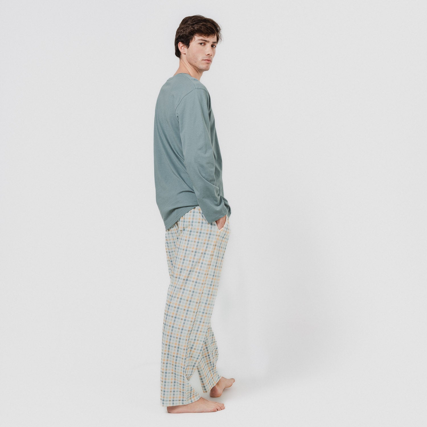 Pijama largo algodón cuadro índigo verde