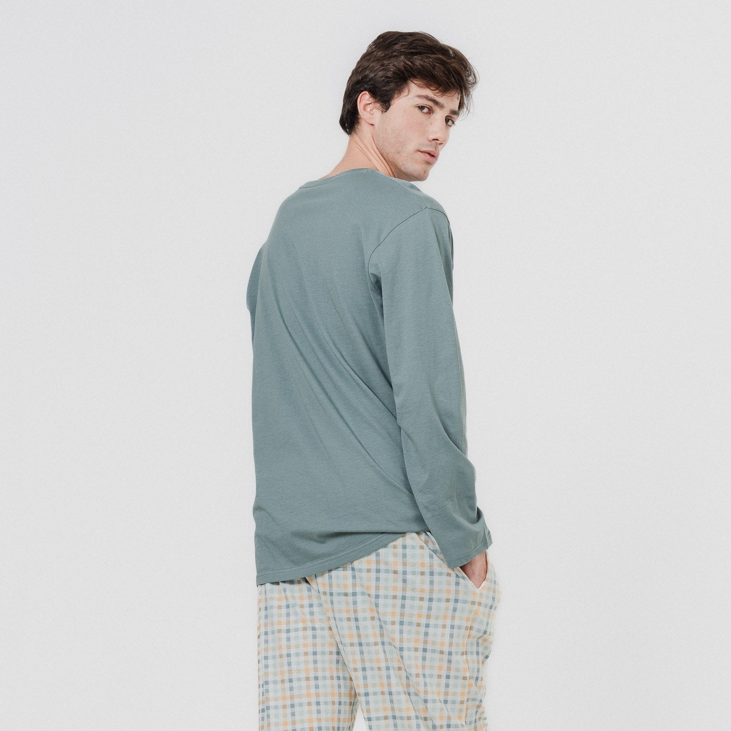 Pijama largo algodón cuadro índigo verde