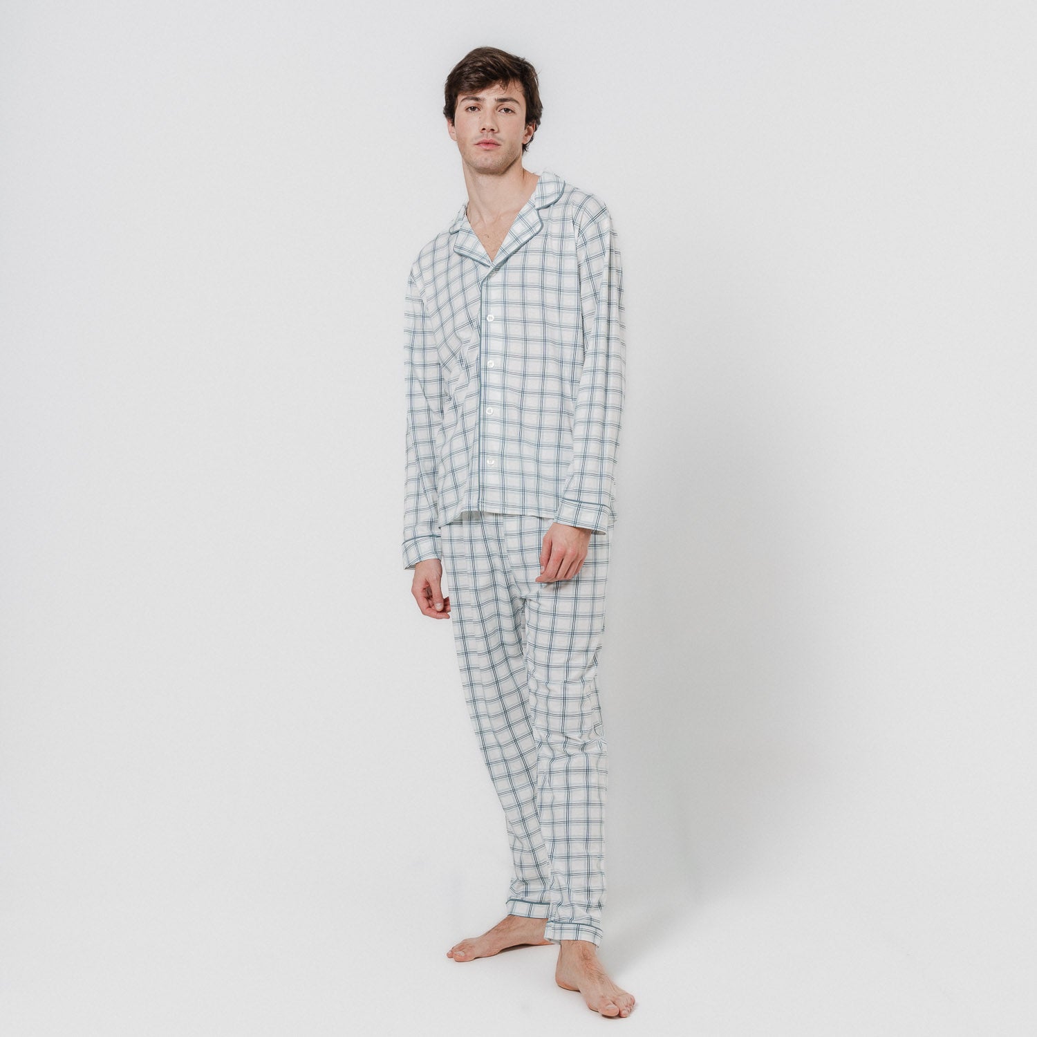 Pigiama lungo stile camicia in cotone a quadri verdi Jake