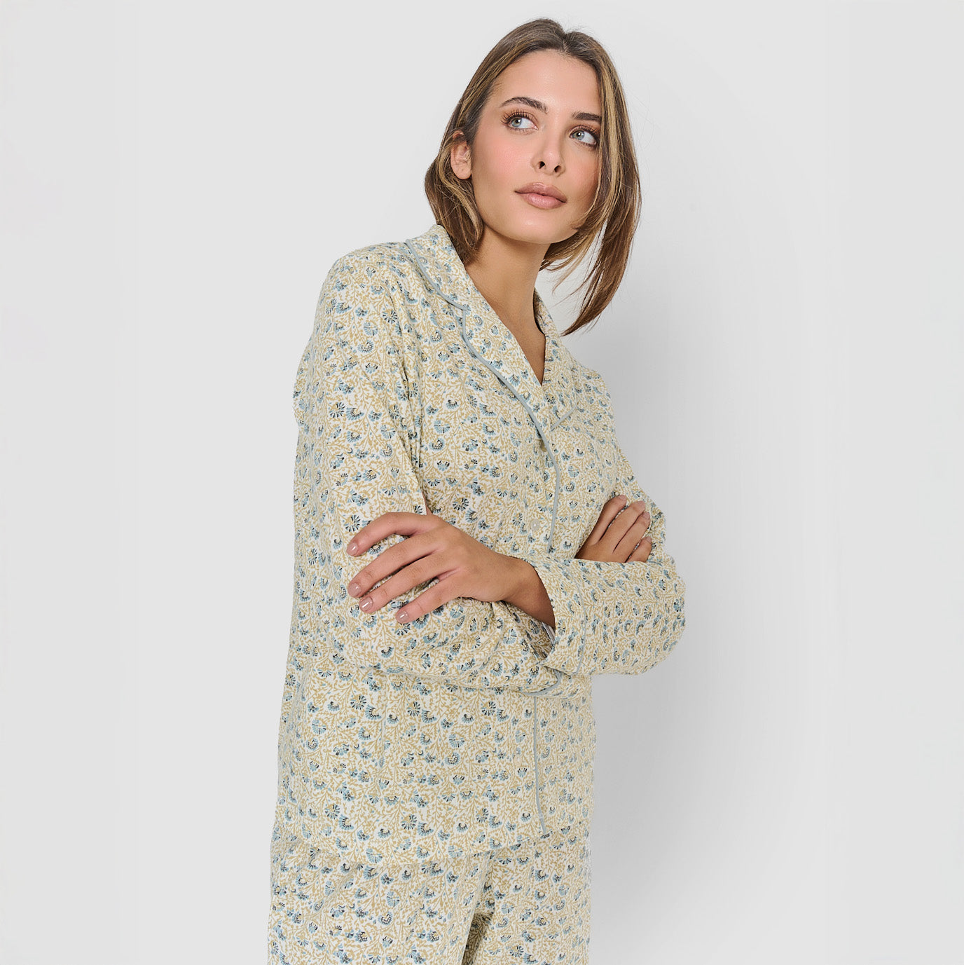 Pigiama lungo da donna in cotone stile camicia color acquamarina