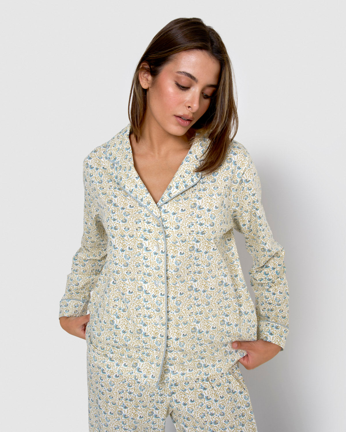 Pijama largo camisero algodón domana azul agua