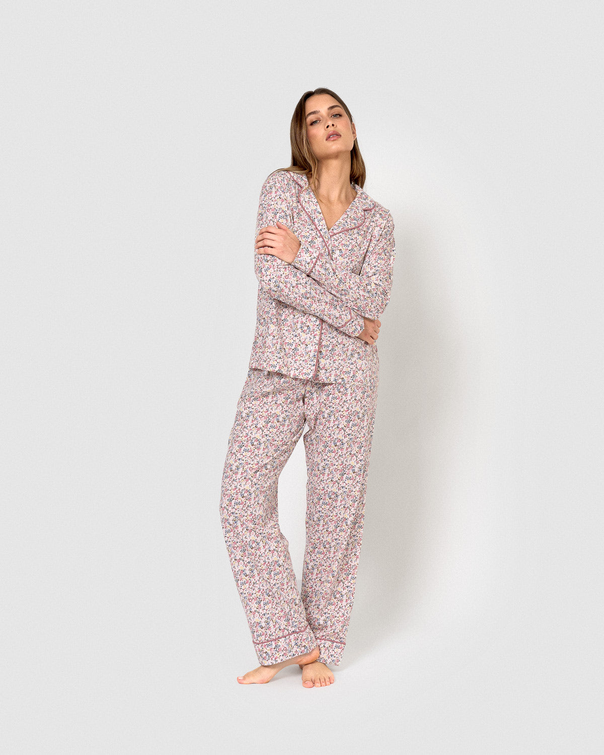 Long cotton shirt-style pajamas, pink alda