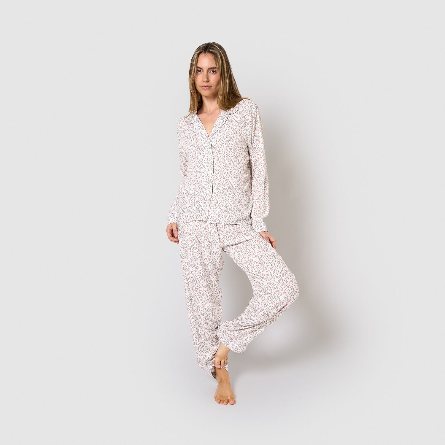 Pijama largo camisero de viscosa zulu verde seco/rosette