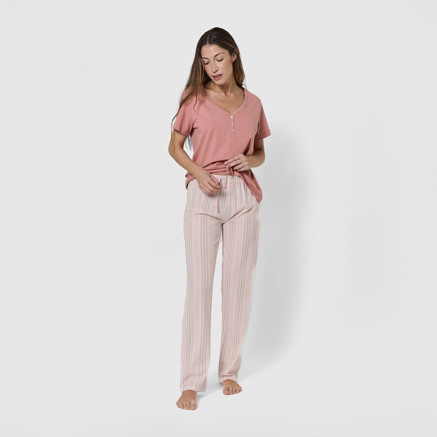 Pijama largo de algodón manga corta escote pico raya martuca rosa