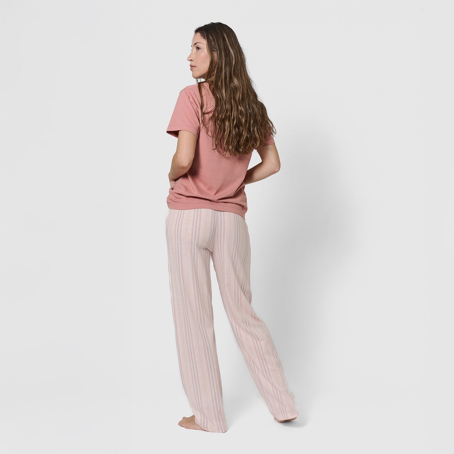 Pijama largo de algodón manga corta escote pico raya martuca rosa