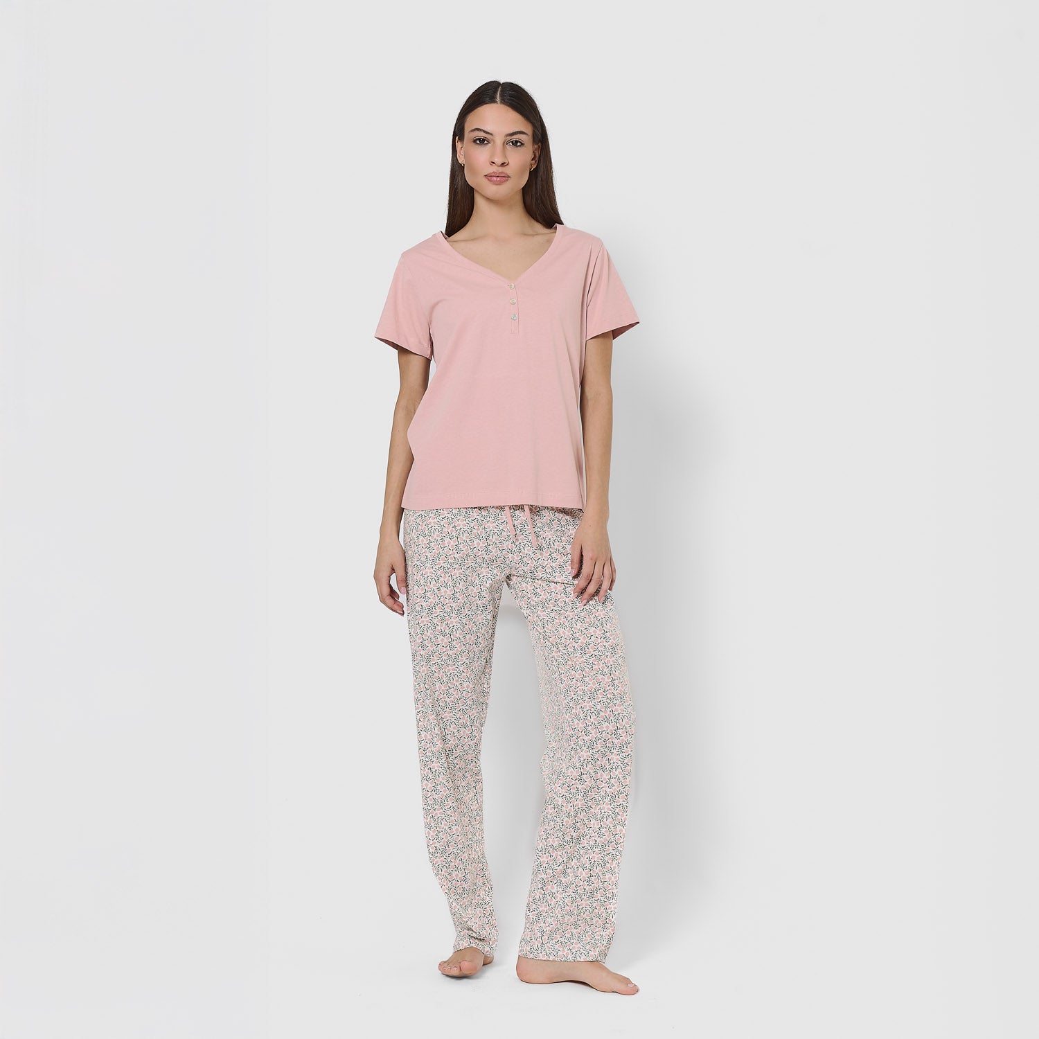 Pigiama lungo in cotone con scollo a V, rosa tedesco