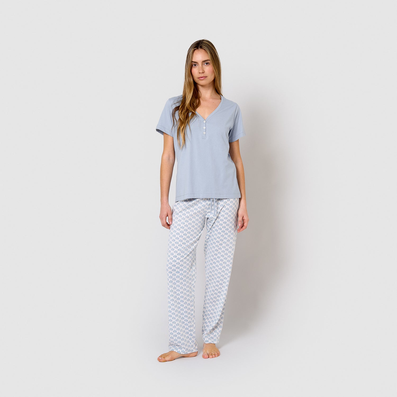 Pyjama long en coton à manches courtes et col en V, bleu arubi