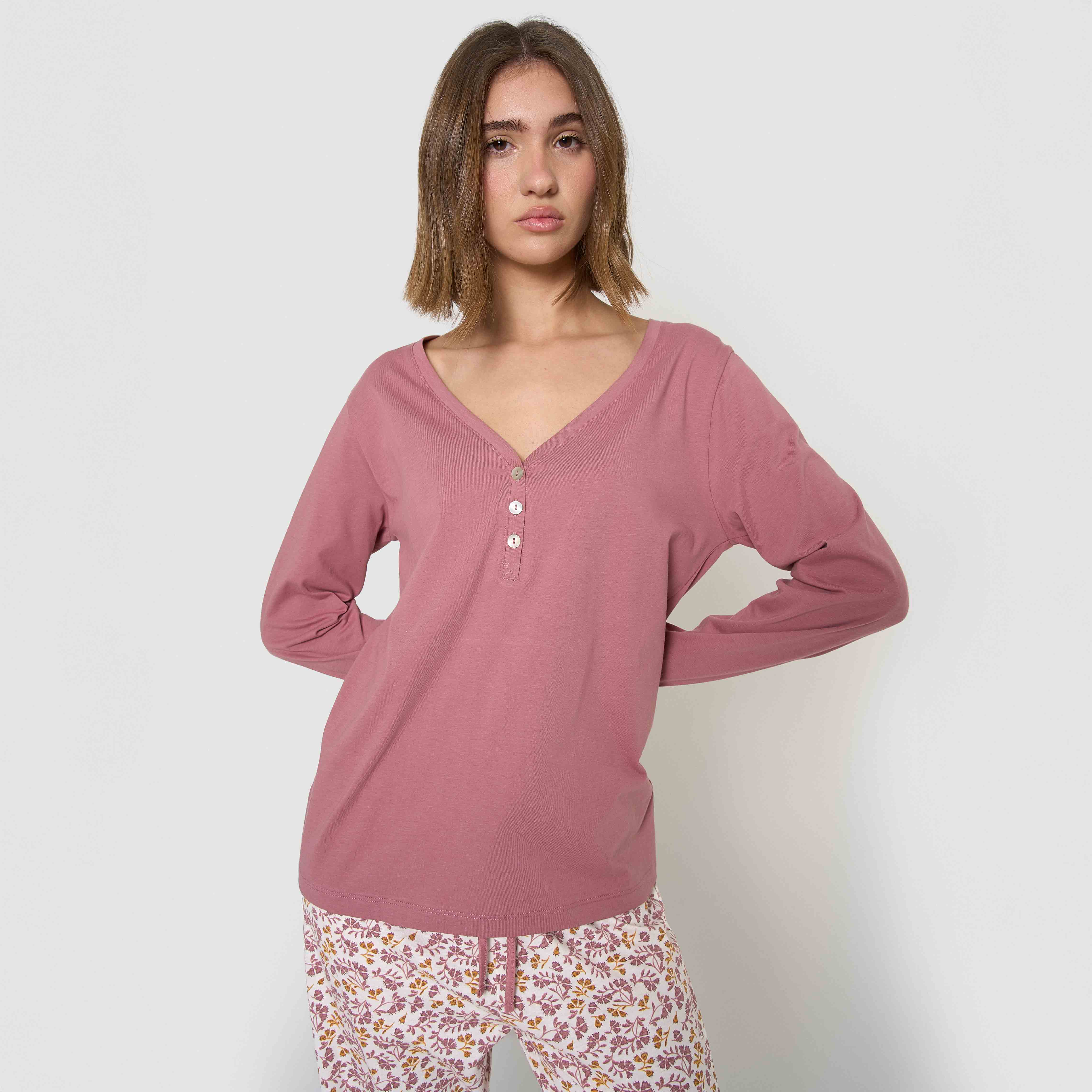 Pigiama lungo in cotone con scollo a V, stile giungla rosa