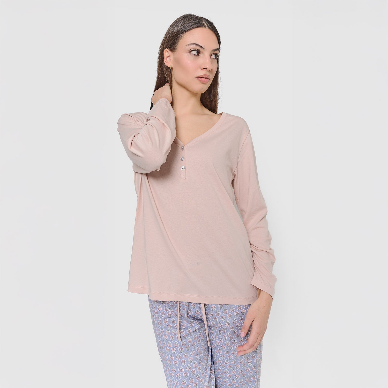 Pigiama lungo Milena rosa in cotone con scollo a V