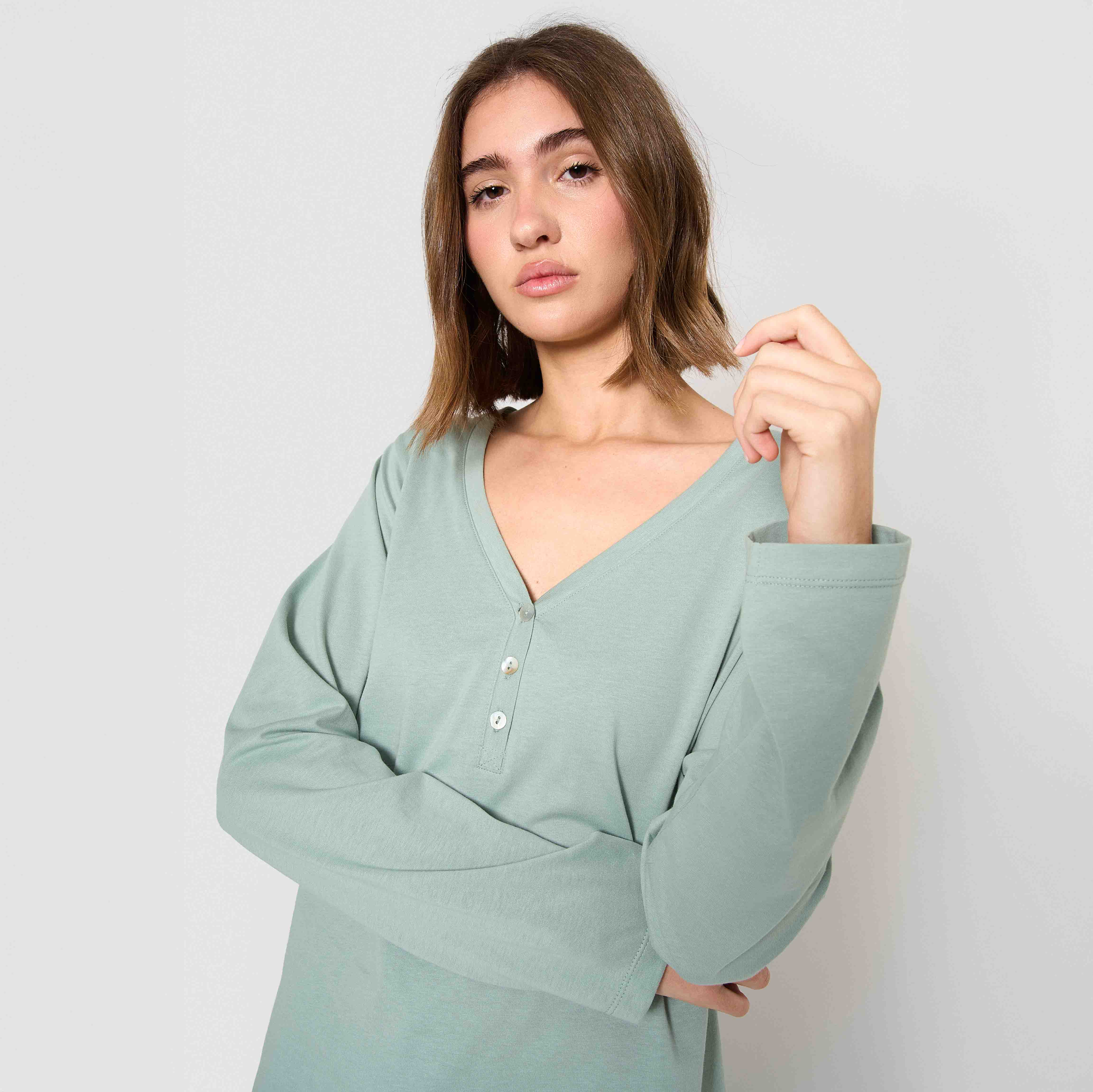 Pijama longo de algodão verde Tiffany Sagitário com decote em V