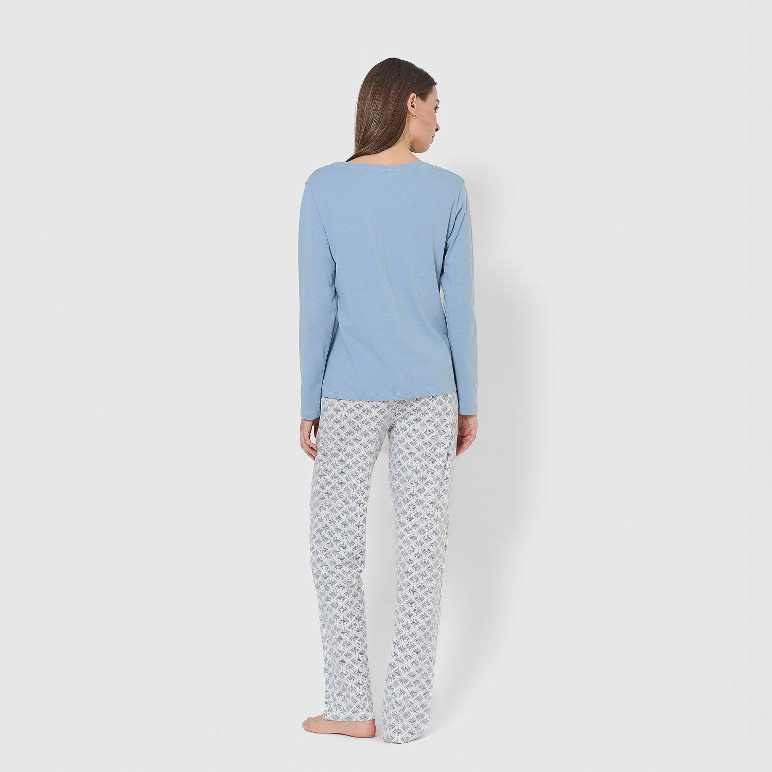 Pijama largo de algodón con escote pico arubi azul