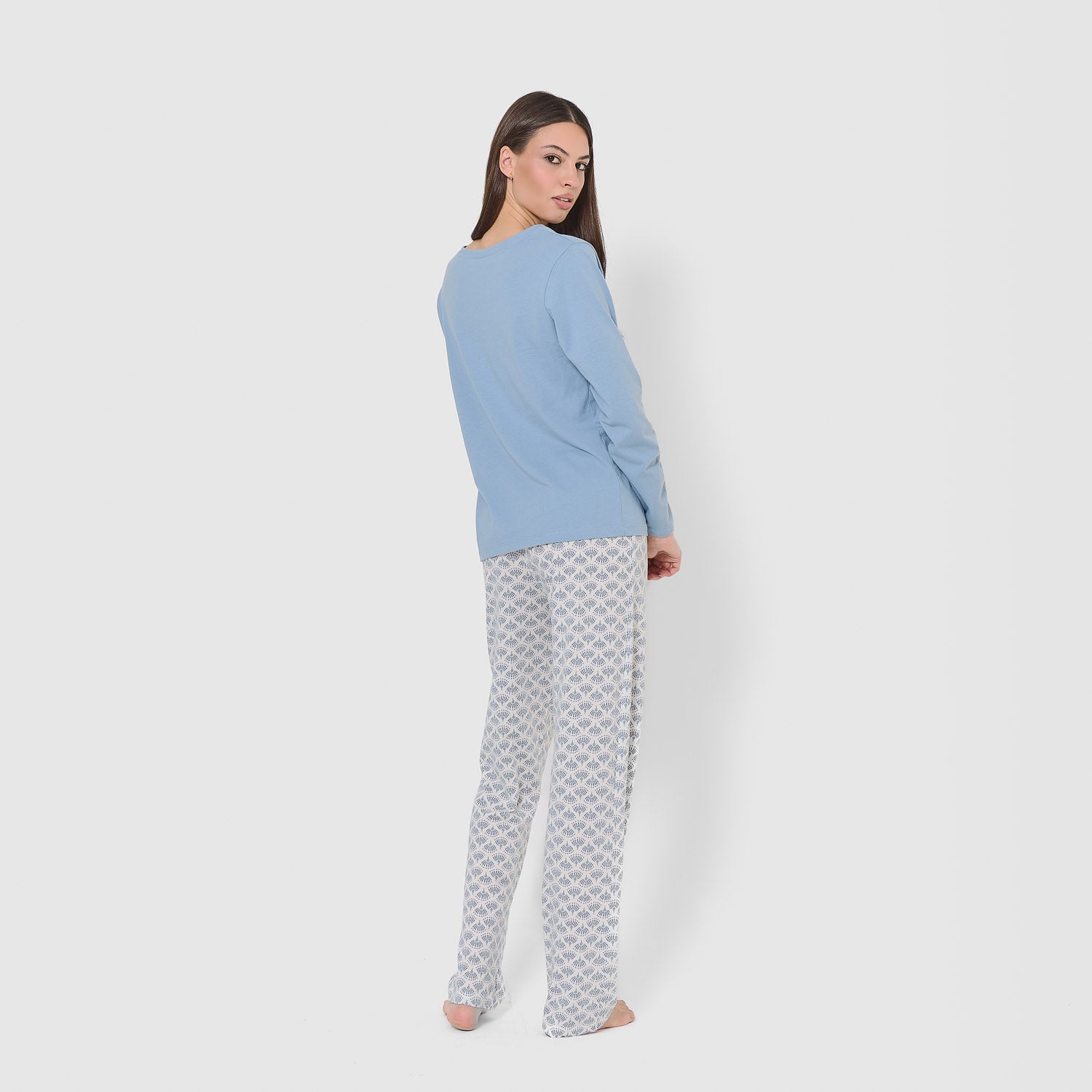 Pijama largo de algodón con escote pico arubi azul