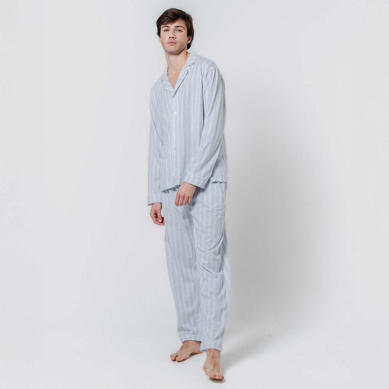 Pijama largo camisero algodón raya marsella azul