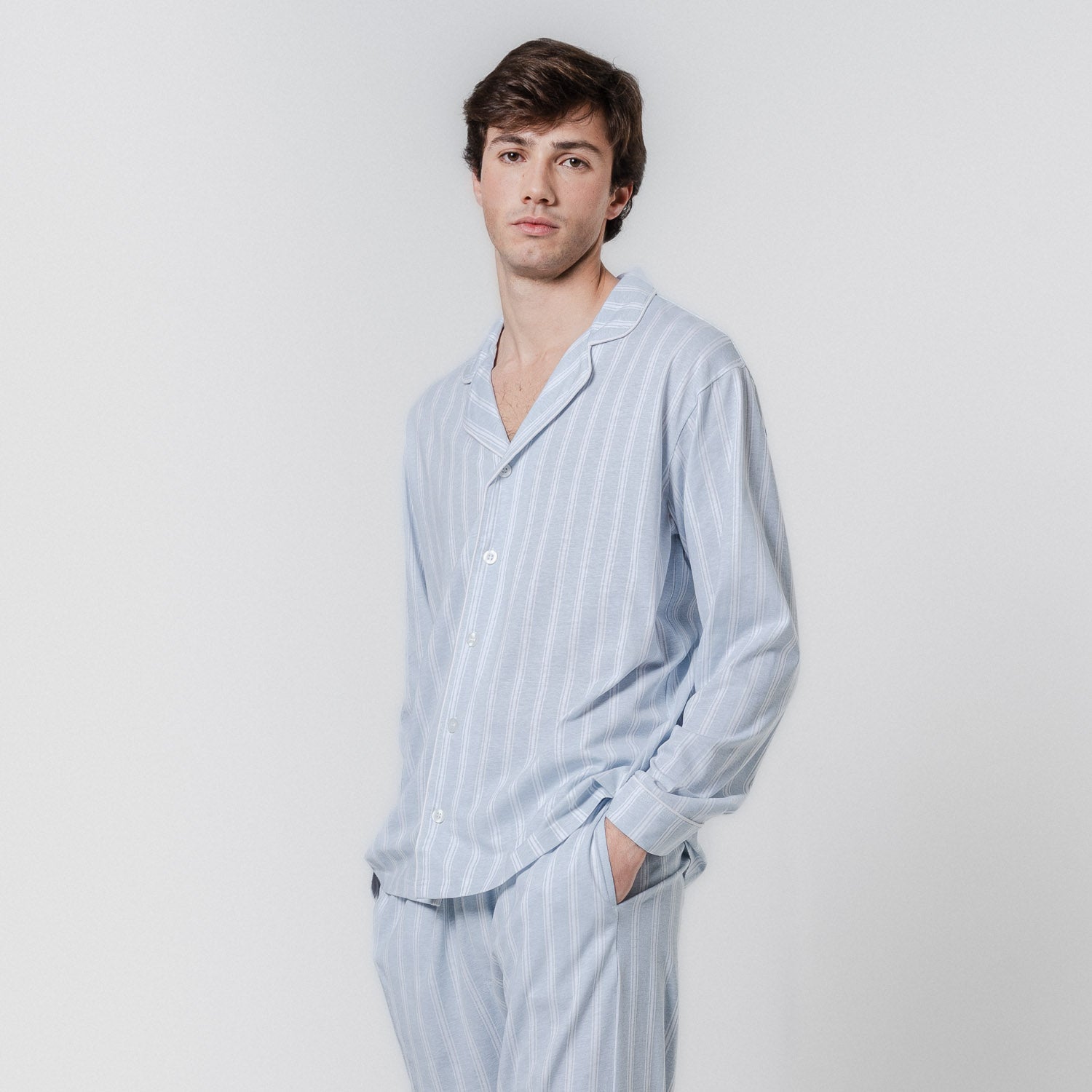 Pijama largo camisero algodón raya marsella azul
