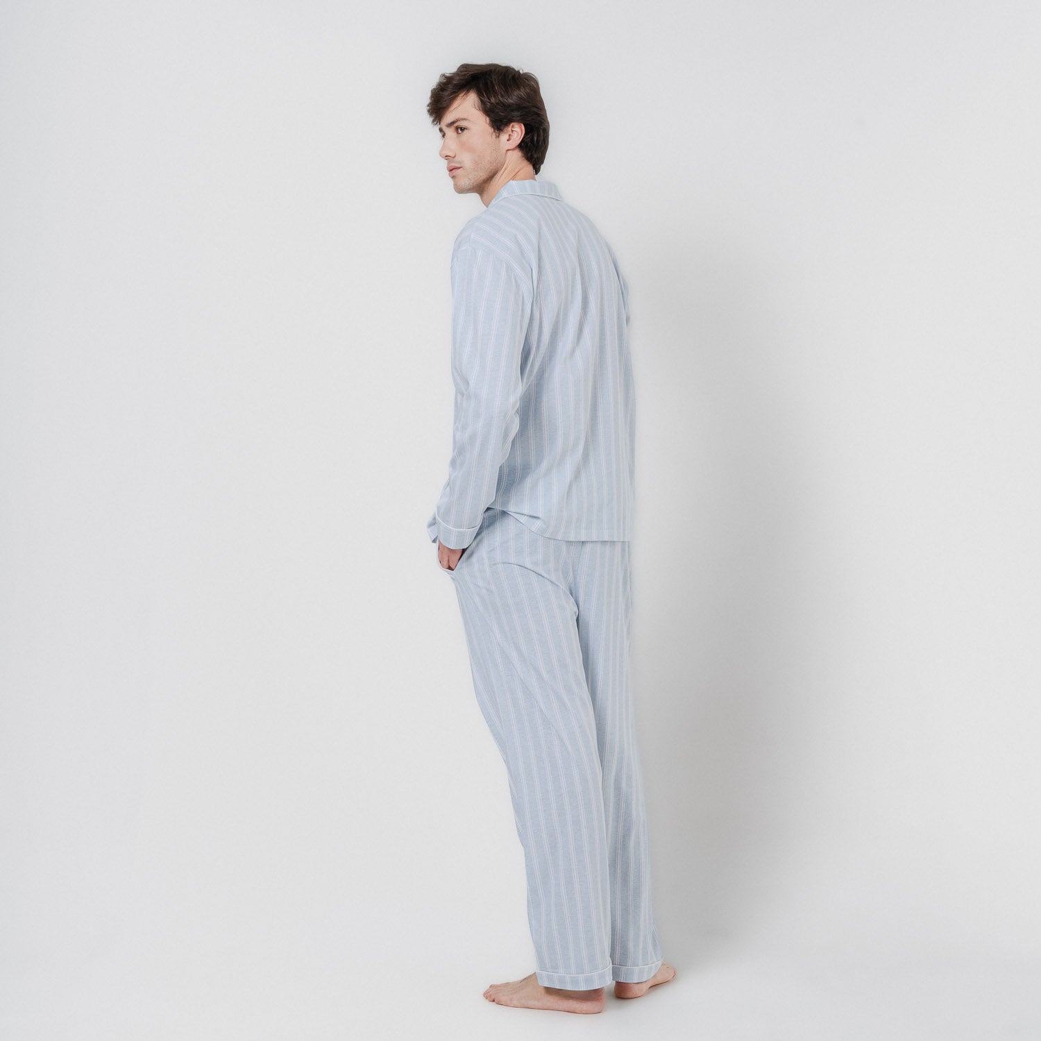 Pijama largo camisero algodón raya marsella azul