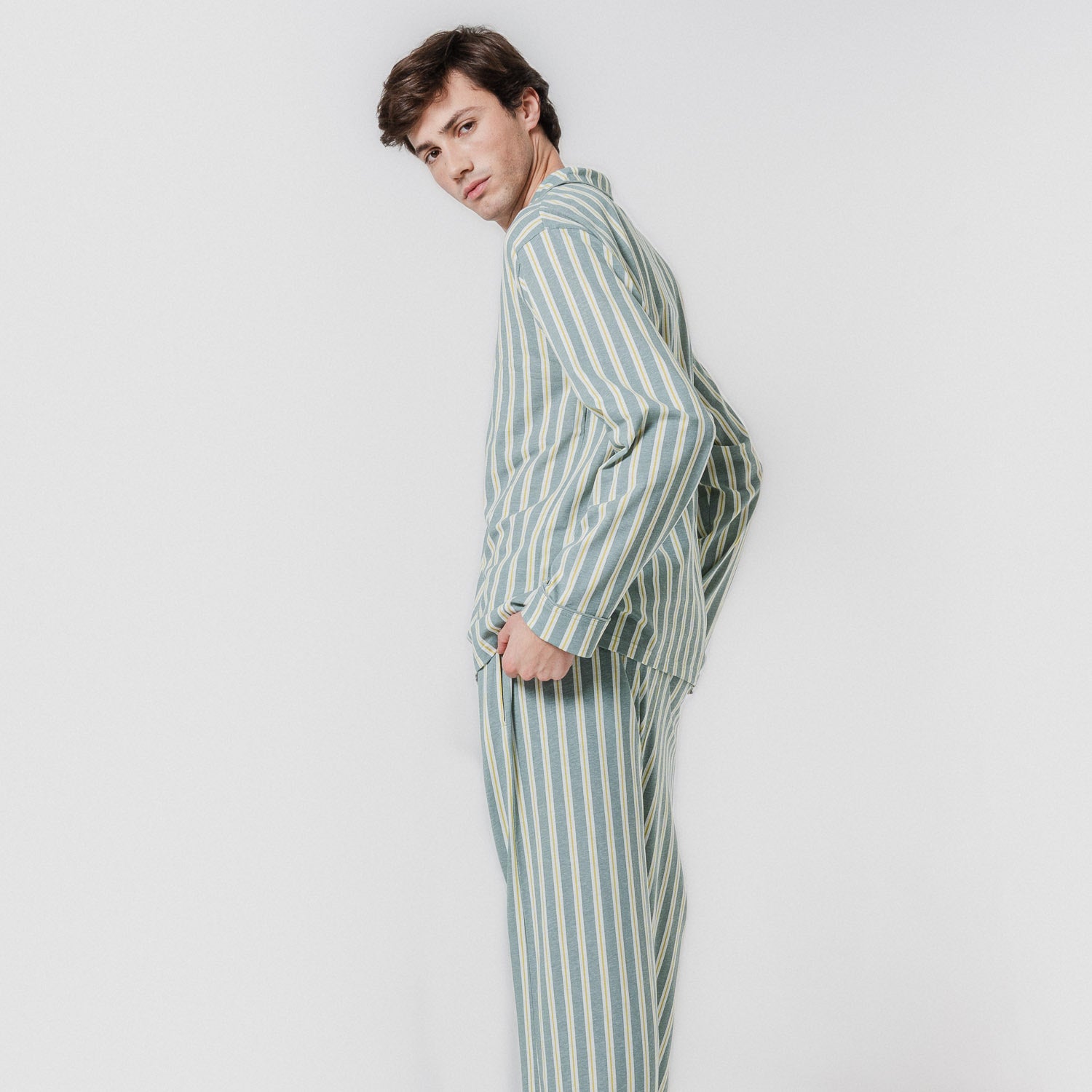 Pijama largo camisero algodón raya schon verde azulado