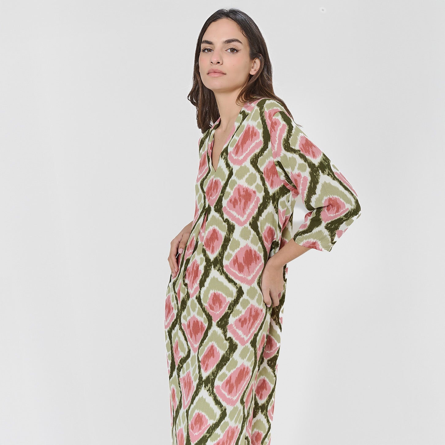 abito midi in viscosa verde/rosa papavero