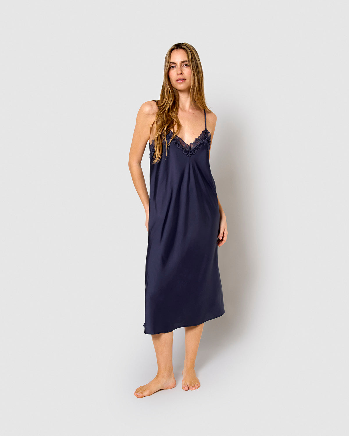 Camicia da notte midi in raso blu